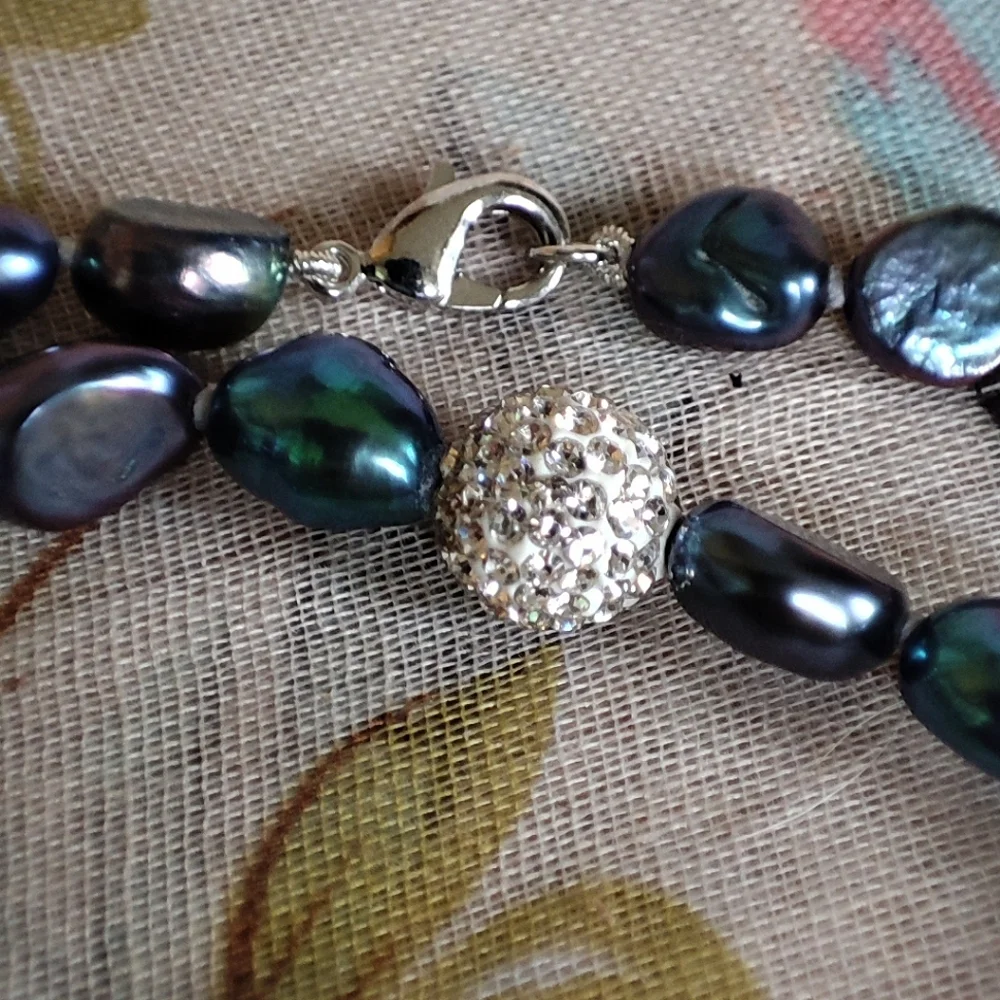 Peacock Freshwater Pearl Blue Gray Green Purple Single Strand Necklace Oil Slick